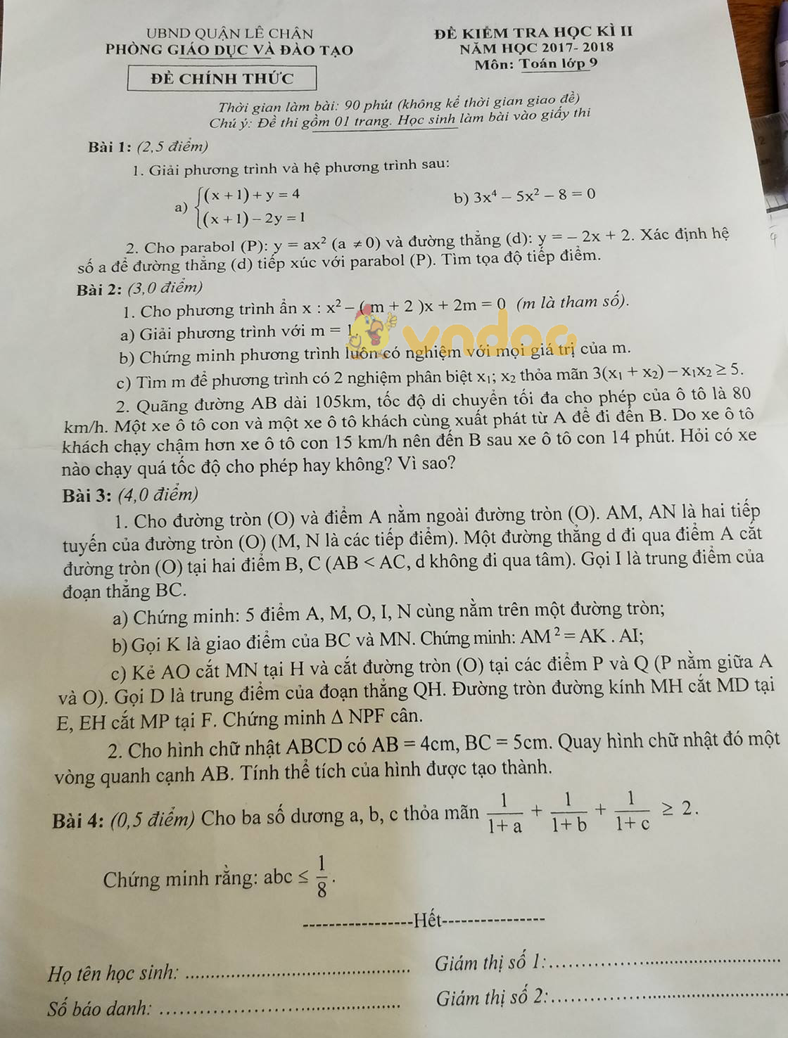 Đề thi học kì 2 lớp 9 môn Toán Phòng GD&ĐT Quận Lê Chân năm học 2017 - 2018