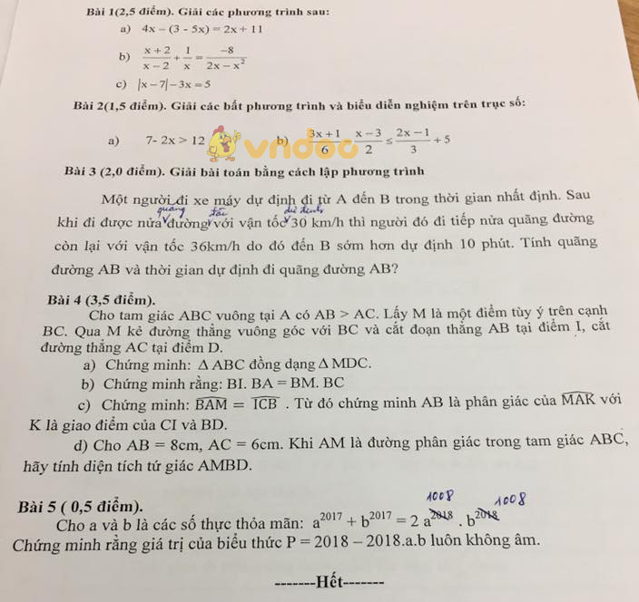 Đề kiểm tra học kì 2 lớp 8 môn Toán Phòng GD&ĐT Ba Đình năm học 2017 - 2018