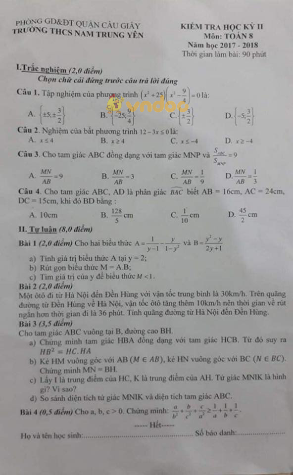 Đề thi học kì 2 lớp 8 môn Toán trường THCS Nam Trung Yên, Cầu Giấy năm học 2017 - 2018
