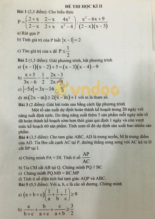 Đề thi thử học kì 2 lớp 8 môn Toán trường THCS Ban Mai năm học 2017 - 2018