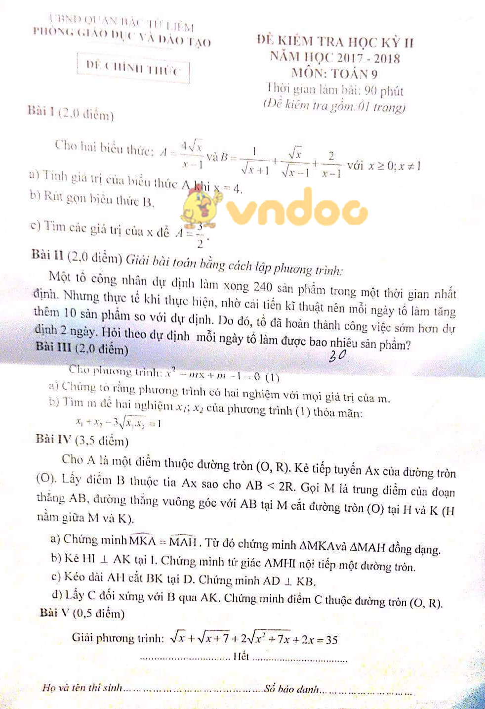Đề kiểm tra học kì 2 lớp 9 môn Toán Phòng GD&ĐT Bắc Từ Liêm năm học 2017 - 2018