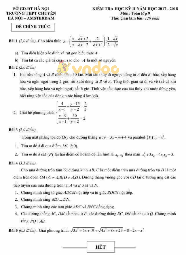 Đề kiểm tra học kì 2 lớp 9 môn Toán trường THPT Chuyên Amsterdam, Hà Nội năm học 2017 - 2018