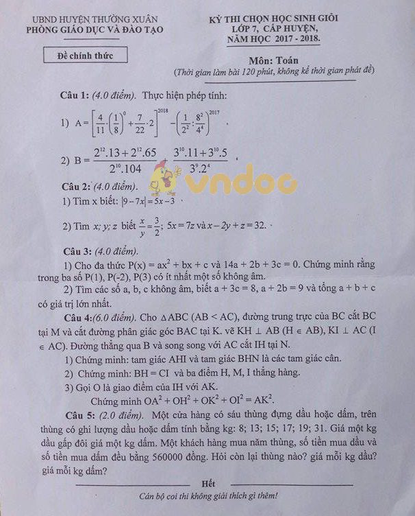 Đề thi chọn học sinh giỏi cấp huyện lớp 7 môn Toán Phòng GD&ĐT huyện Thường Xuân năm học 2017 - 2018