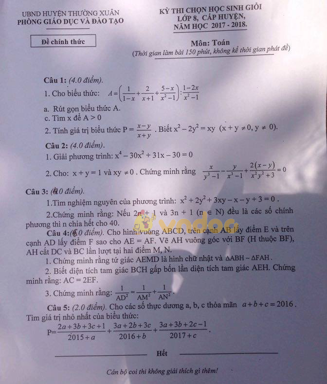 Đề thi chọn học sinh giỏi cấp huyện lớp 8 môn Toán Phòng GD&ĐT huyện Thường Xuân năm học 2017 - 2018