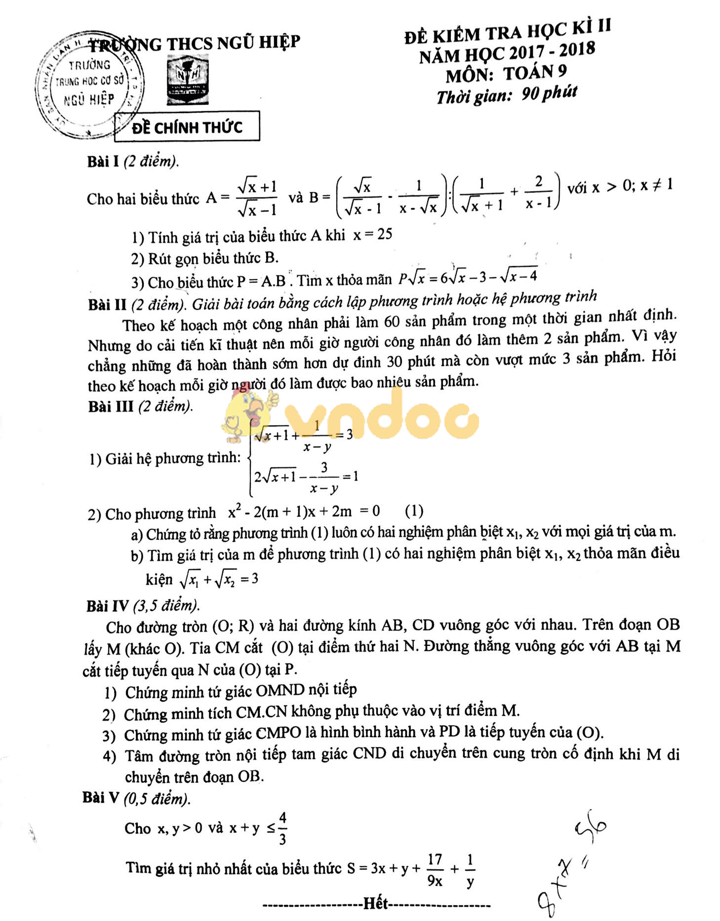 Đề thi học kì 2 lớp 9 môn Toán trường THCS Ngũ Hiệp năm học 2017 - 2018