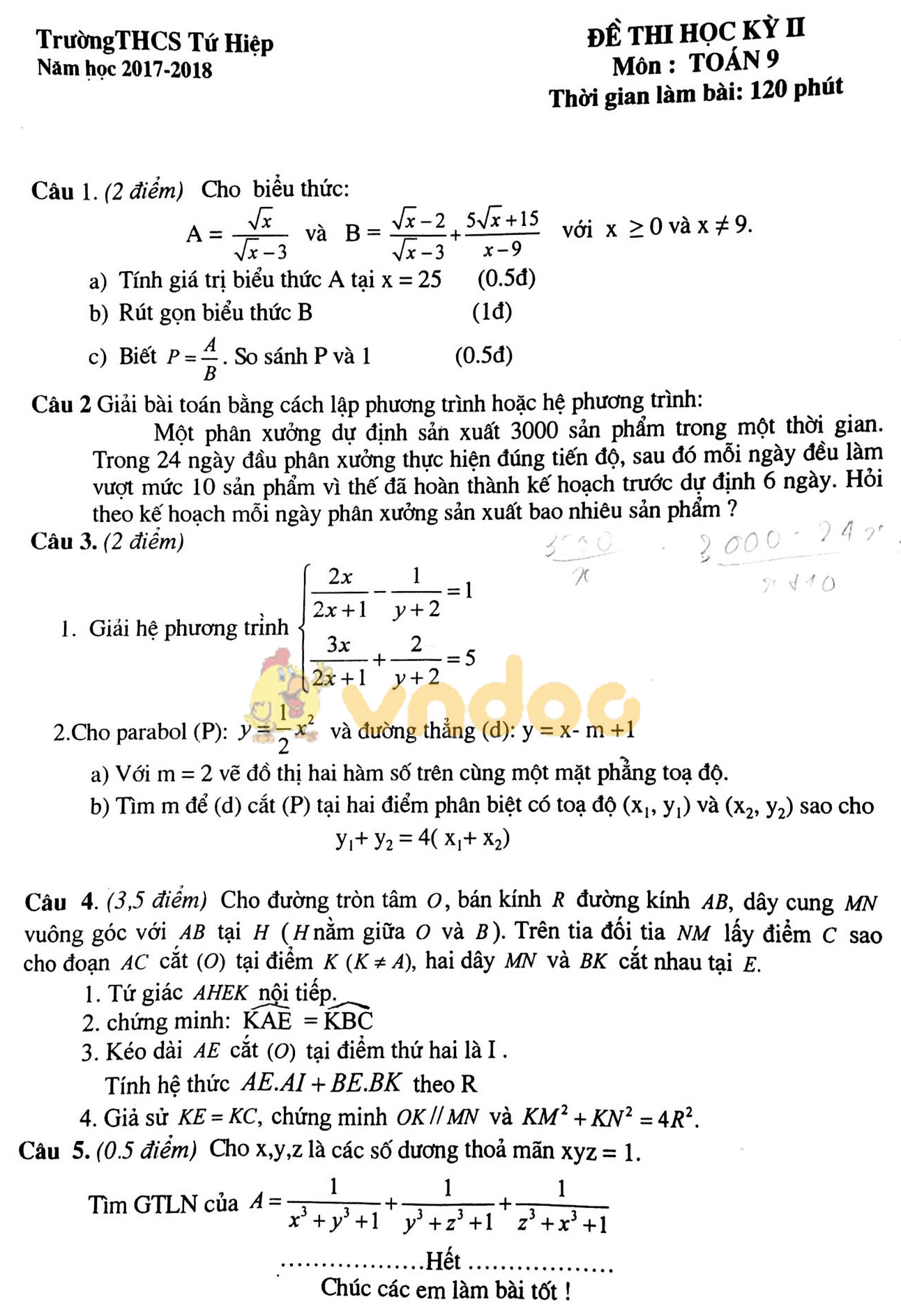Đề thi học kì 2 lớp 9 môn Toán trường THCS Tứ Hiệp năm học 2017 - 2018