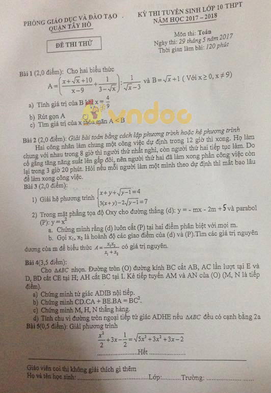 Đề thi thử vào lớp 10 môn Toán Phòng GD&ĐT Tây Hồ năm học 2017 - 2018