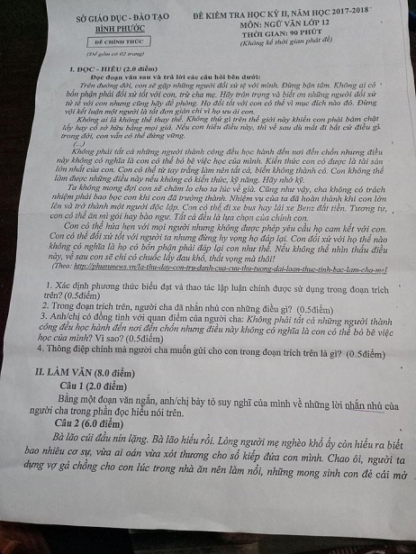 Đề thi học kì 2 môn Ngữ văn lớp 12