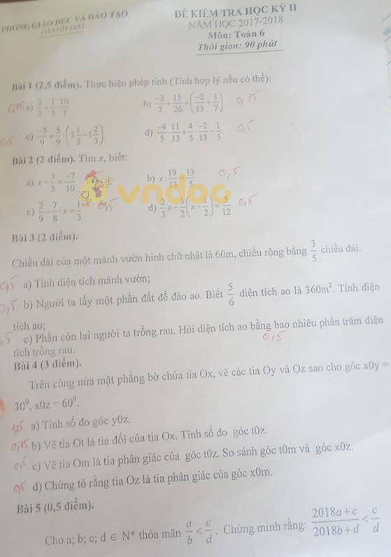 Đề kiểm tra học kì 2 lớp 6 môn Toán Phòng GD&ĐT Thanh Oai năm học 2017 - 2018