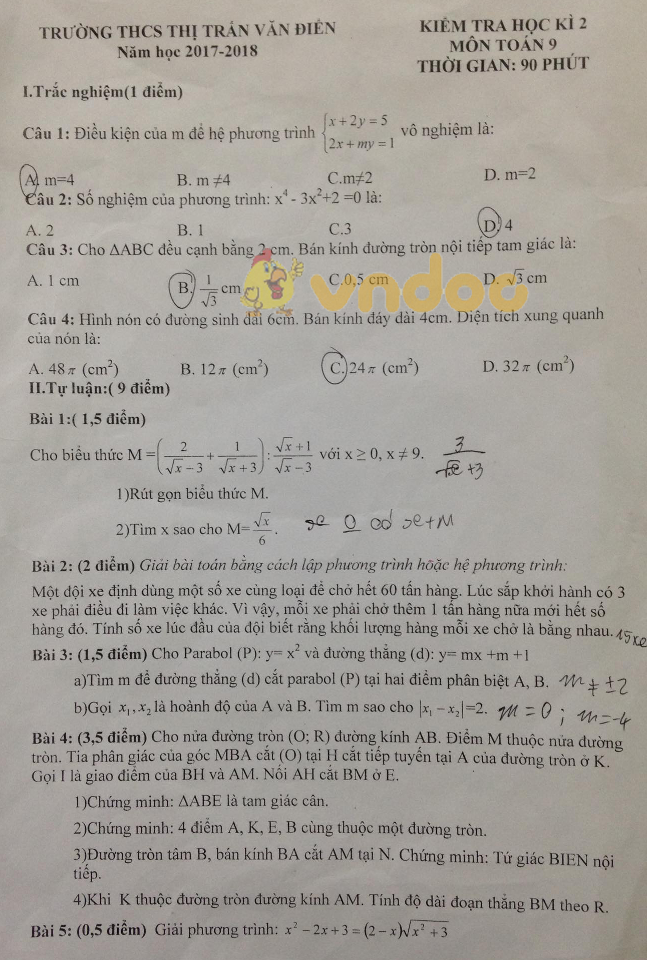 Đề kiểm tra học kì 2 lớp 9 môn Toán trường THCS thị trấn Văn Điển năm học 2017 - 2018
