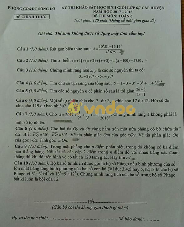 Đề thi khảo sát học sinh giỏi cấp huyện lớp 6, 7 môn Toán Phòng GD&ĐT Sông Lô năm học 2017 - 2018