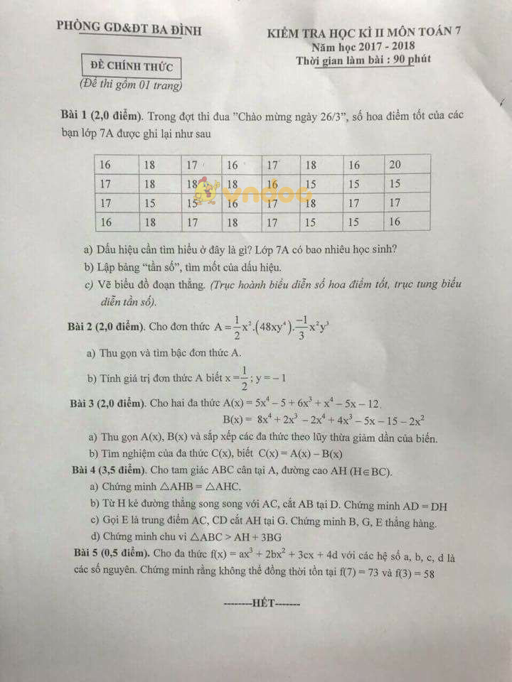 Đề kiểm tra học kì 2 lớp 7 môn Toán Phòng GD&ĐT Ba Đình năm học 2017 - 2018