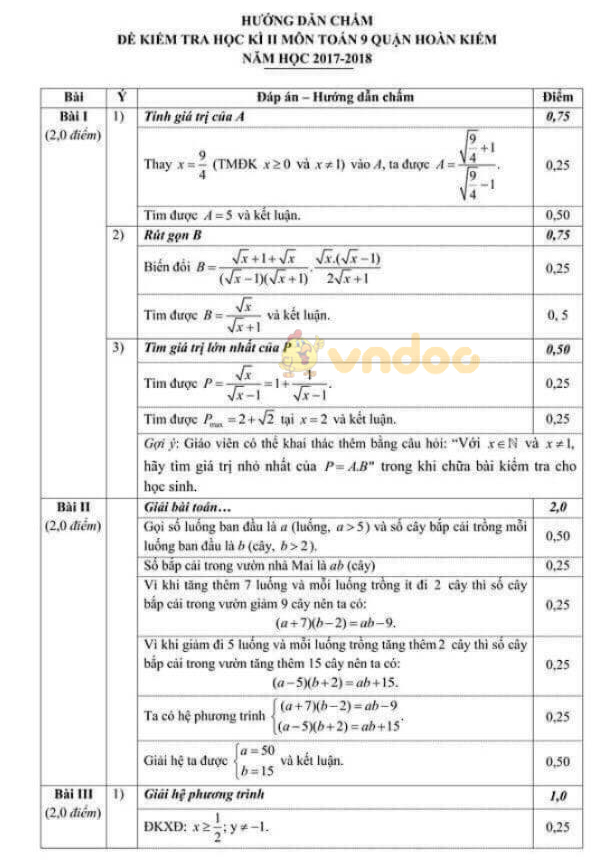 Đề kiểm tra học kì 2 lớp 9 môn Toán Phòng GD&ĐT Quận Hoàn Kiếm năm học 2017 - 2018
