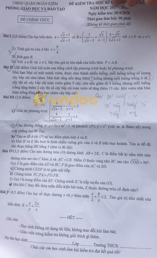 Đề kiểm tra học kì 2 lớp 9 môn Toán Phòng GD&ĐT Quận Hoàn Kiếm năm học 2017 - 2018