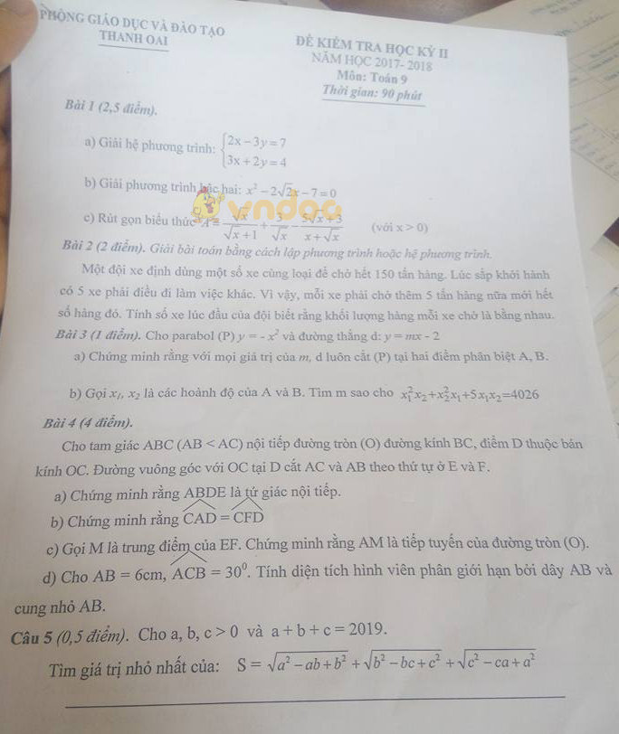 Đề kiểm tra học kì 2 lớp 9 môn Toán Phòng GD&ĐT Thanh Oai năm học 2017 - 2018