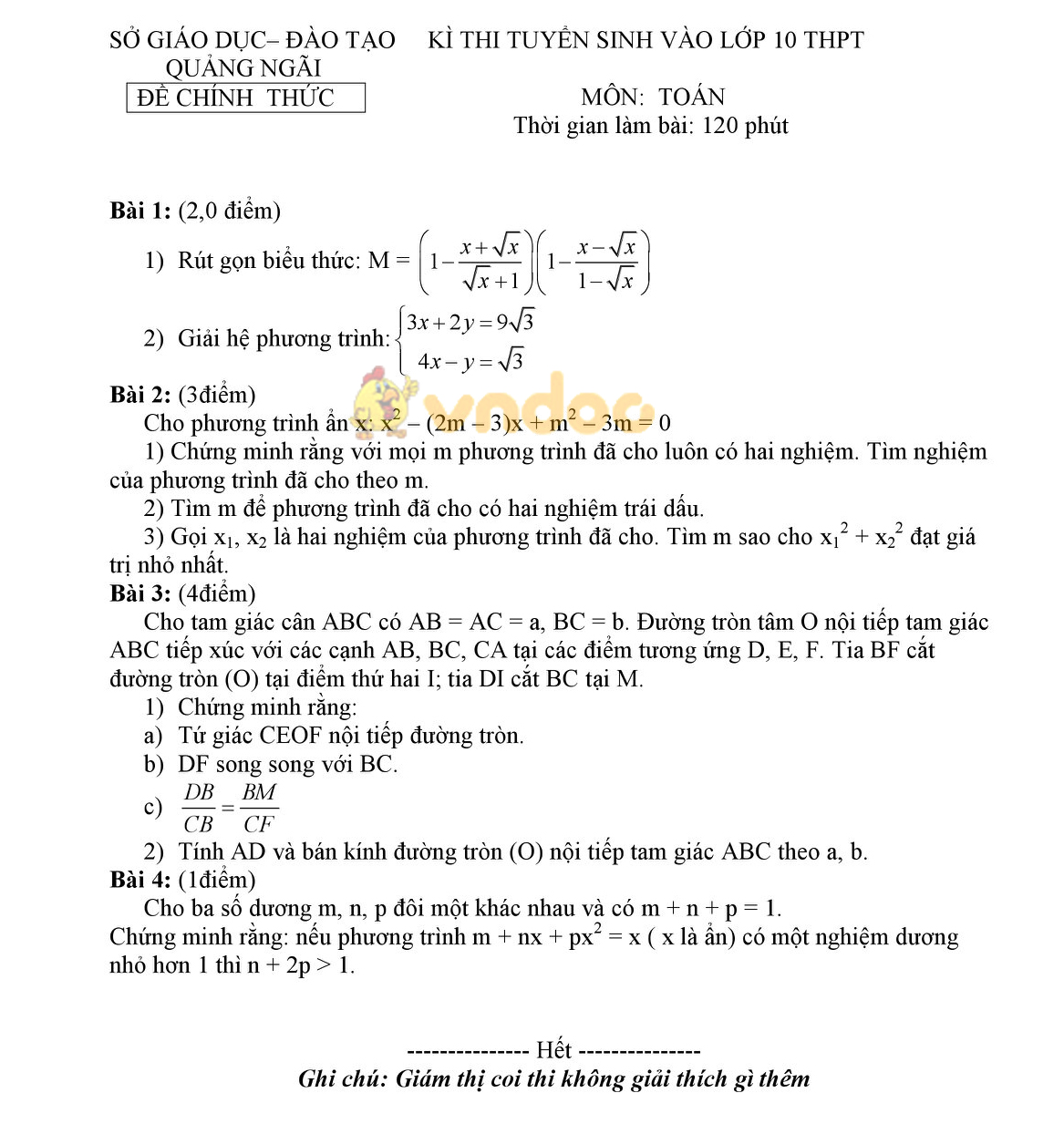 Đề thi tuyển sinh vào lớp 10 môn Toán Sở GD&ĐT Quảng Ngãi