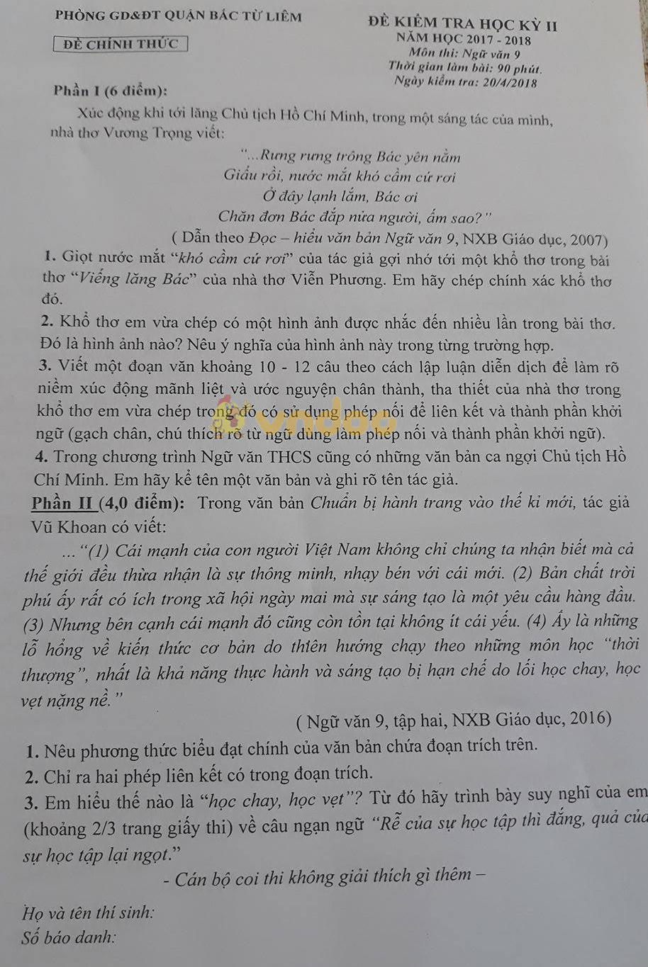 Đề kiểm tra học kì 2 lớp 9 môn Ngữ văn Phòng GD&ĐT Quận Bắc Từ Liêm năm học 2017 - 2018