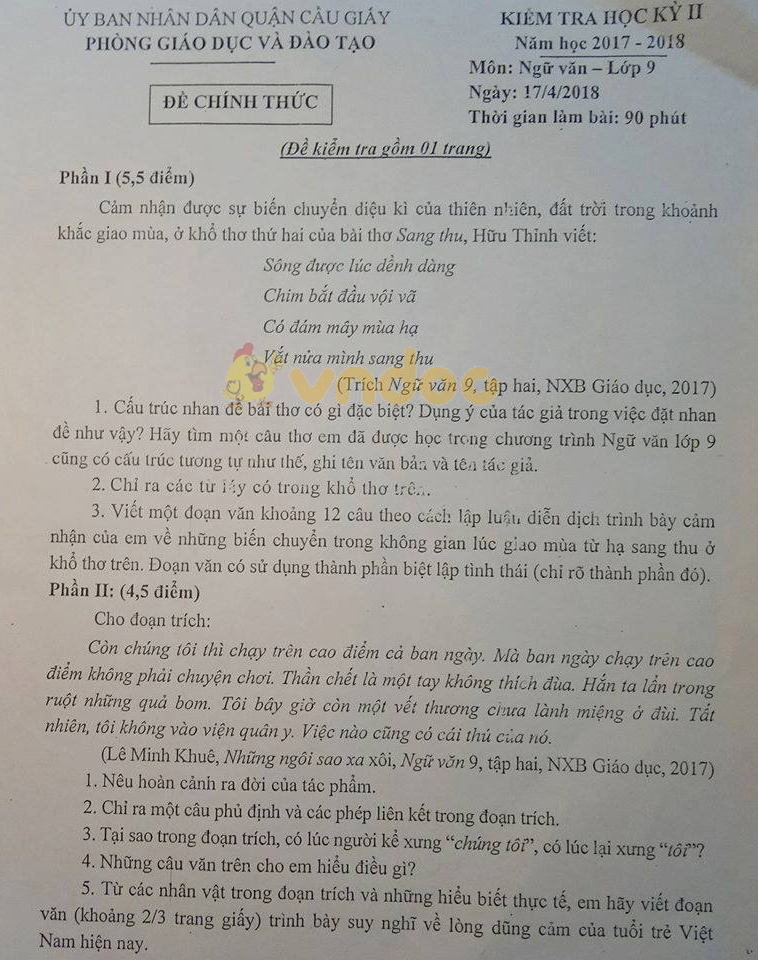 Đề kiểm tra học kì 2 lớp 9 môn Ngữ văn Phòng GD&ĐT Quận Cầu Giấy năm học 2017 - 2018