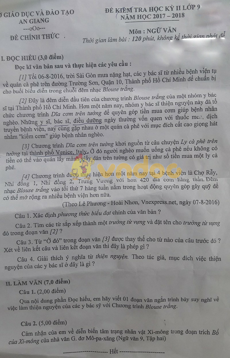 Đề kiểm tra học kì 2 lớp 9 môn Ngữ văn Sở GD&ĐT An Giang năm học 2017 - 2018