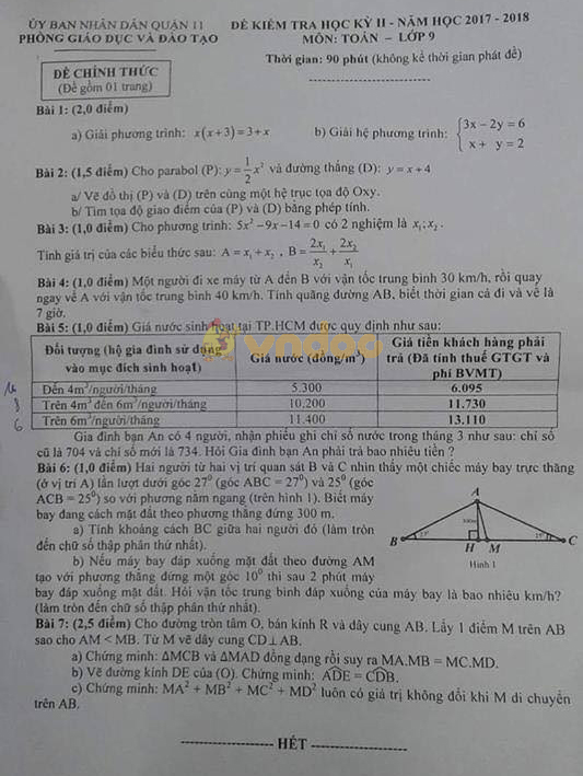 Đề kiểm tra học kì 2 lớp 9 môn Toán Phòng GD&ĐT Quận 11, Thành Phố Hồ Chí Minh năm học 2017 - 2018