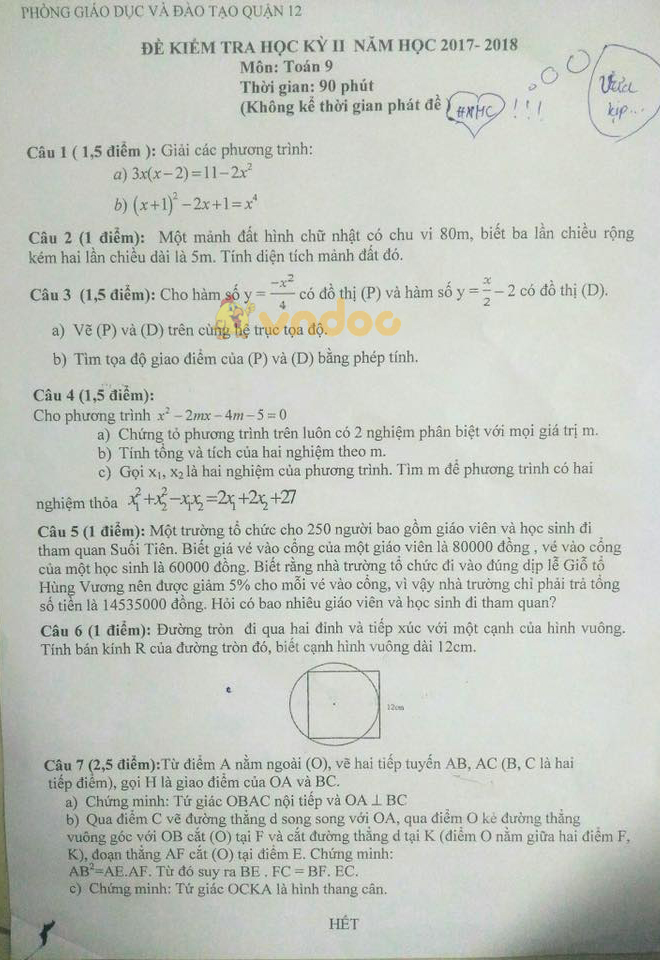 Đề kiểm tra học kì 2 lớp 9 môn Toán Phòng GD&ĐT Quận 12, Thành Phố Hồ Chí Minh năm học 2017 - 2018