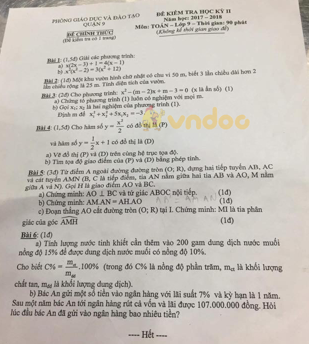 Đề kiểm tra học kì 2 lớp 9 môn Toán Phòng GD&ĐT Quận 9, Thành Phố Hồ Chí Minh năm học 2017 - 2018