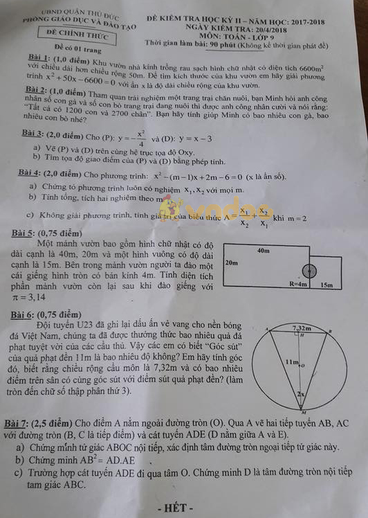 Đề thi học kì 2 lớp 9 môn Toán Phòng GD&ĐT Quận Thủ Đức, Thành Phố Hồ Chí Minh năm học 2017 - 2018