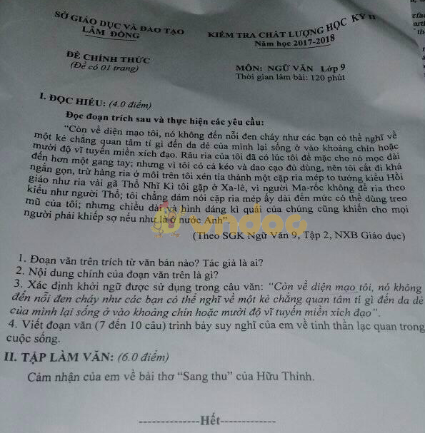 Đề kiểm tra chất lượng học kì 2 lớp 9 môn Ngữ văn Sở GD&ĐT Lâm Đồng năm học 2017 - 2018
