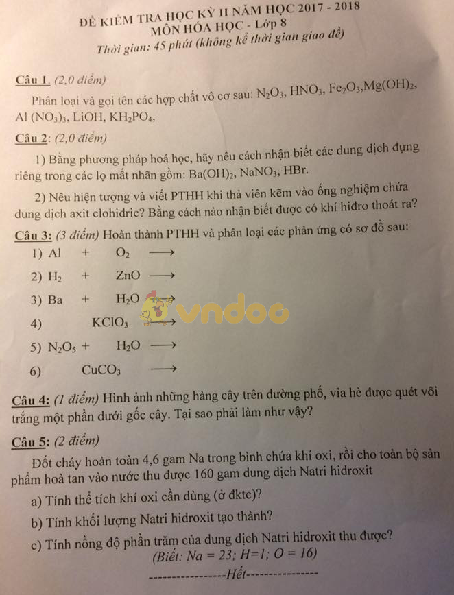 Đề kiểm tra học kì 2 lớp 8 môn Hóa học năm học 2017 - 2018