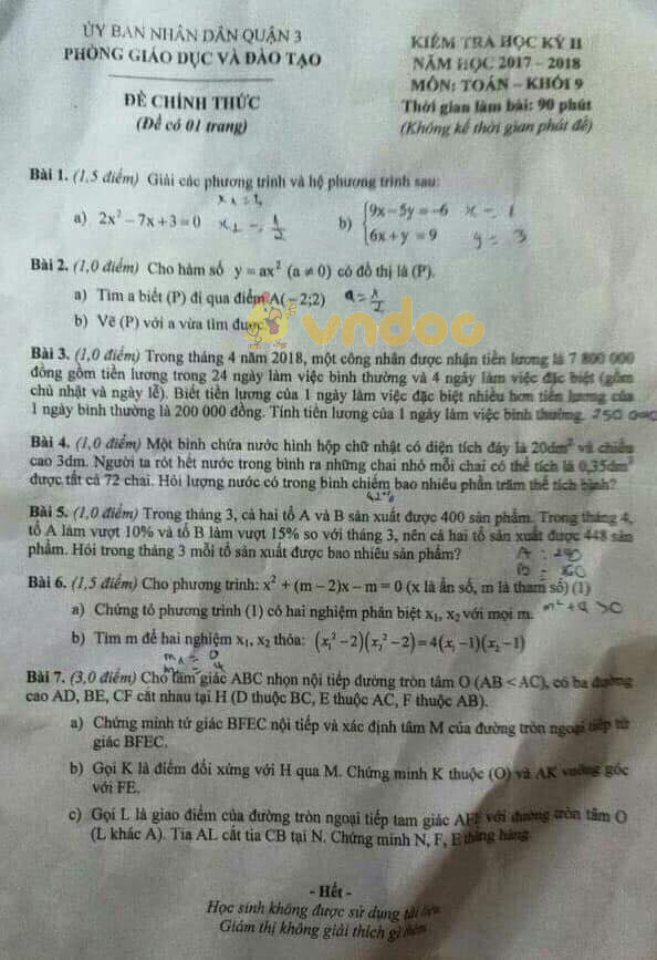 Đề kiểm tra học kì 2 lớp 9 môn Toán Phòng GD&ĐT Quận 3, Thành Phố Hồ Chí Minh năm học 2017 - 2018