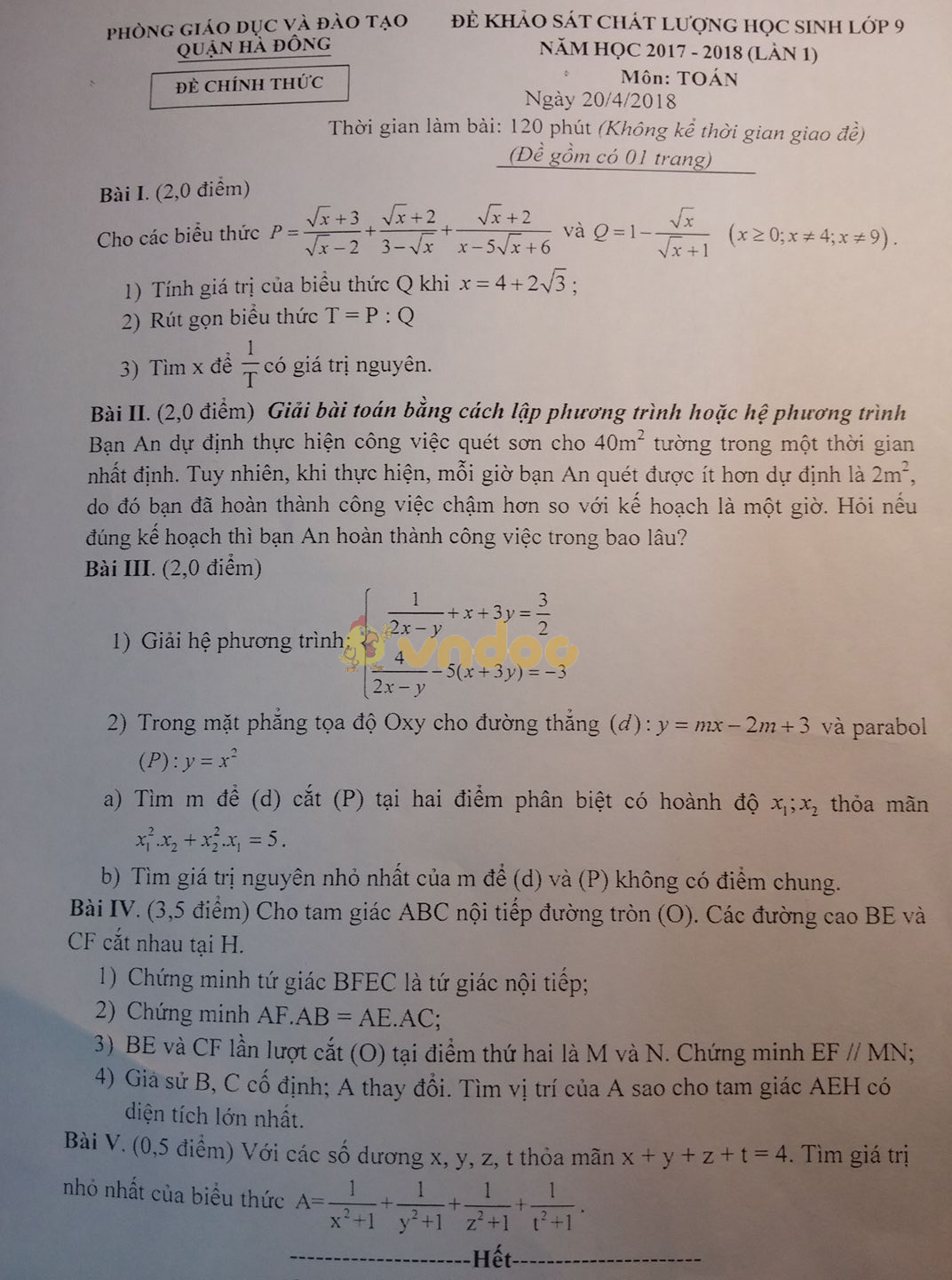 Đề KSCL học sinh lớp 9 môn Toán Phòng GD&ĐT Quận Hà Đông năm học 2017 - 2018 (lần 1)
