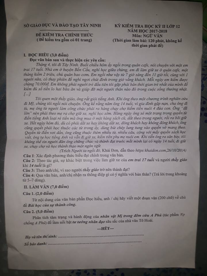 Đề thi học kì 2 môn Ngữ văn lớp 12