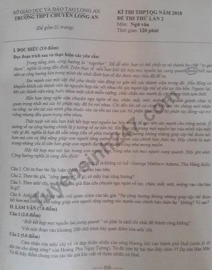 Đề thi thử THPT quốc gia môn Ngữ văn năm 2018