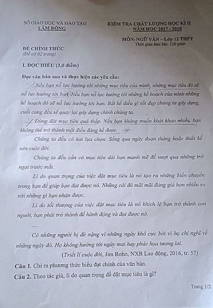 Đề thi học kì 2 môn Ngữ văn lớp 12 năm học 2017 - 2018 Sở GD&ĐT Lâm Đồng