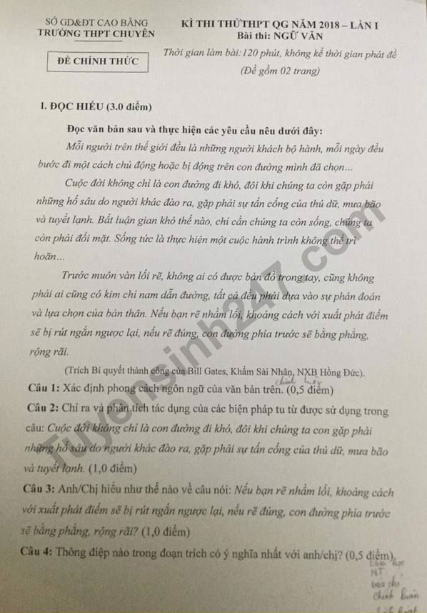 Đề thi thử THPT quốc gia môn Ngữ văn năm 2018