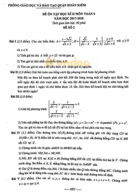 Đề cương ôn tập học kì 2 lớp 9 môn Toán Phòng GD&ĐT Quận Hoàn Kiếm năm học 2017 - 2018