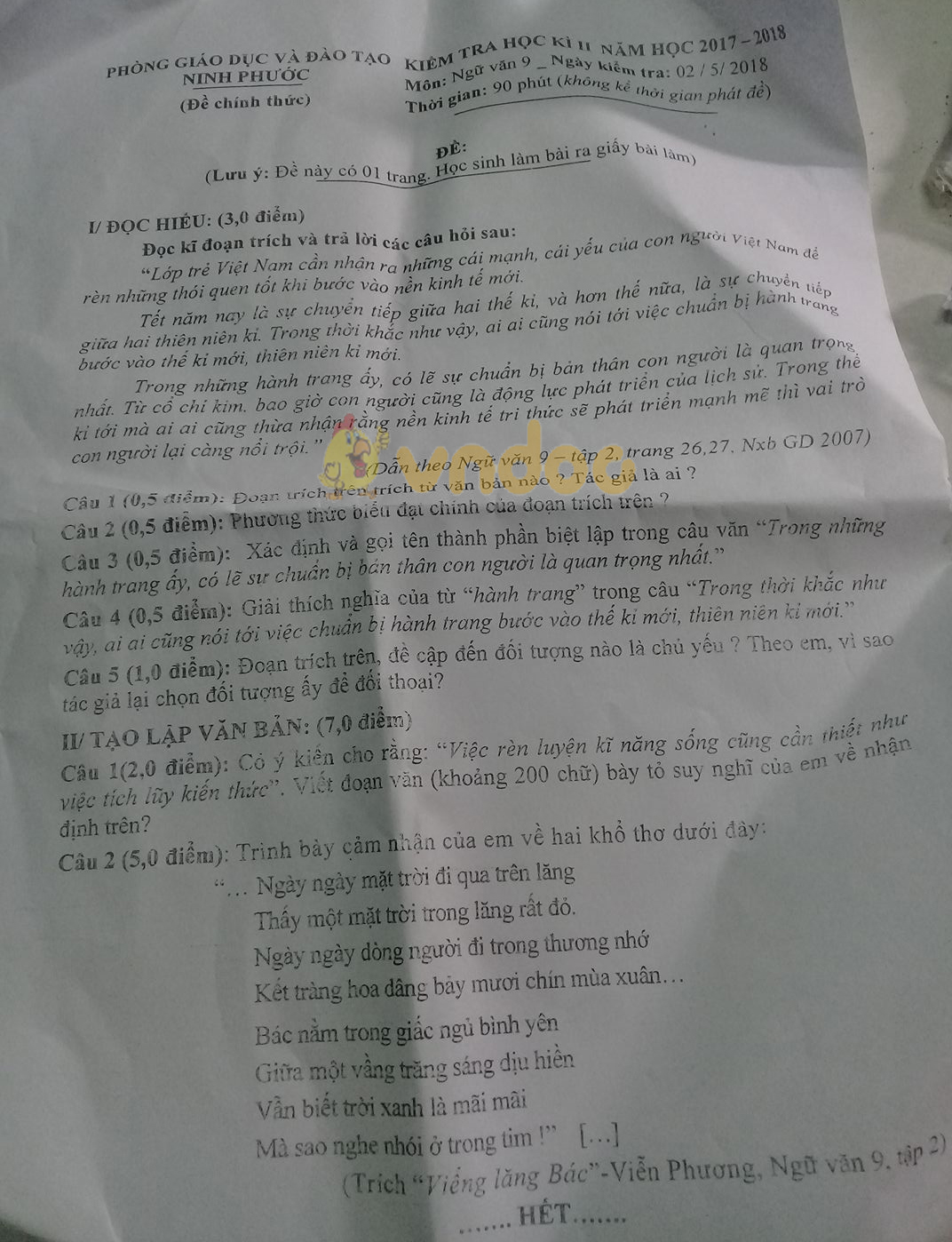 Đề kiểm tra học kì 2 lớp 9 môn Ngữ văn Phòng GD&ĐT Ninh Phước năm học 2017 - 2018