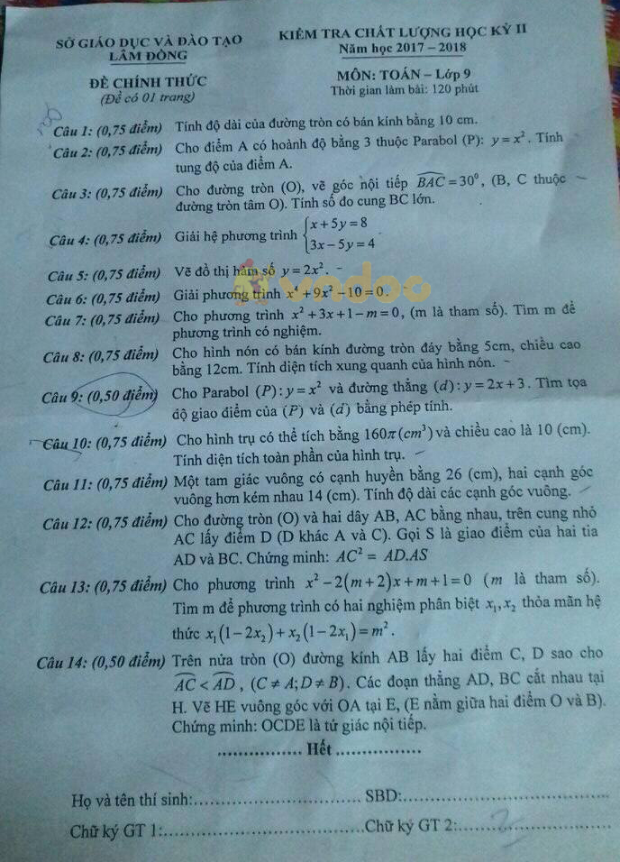 Đề kiểm tra chất lượng học kì 2 lớp 9 môn Toán Sở GD&ĐT Lâm Đồng năm học 2017 - 2018
