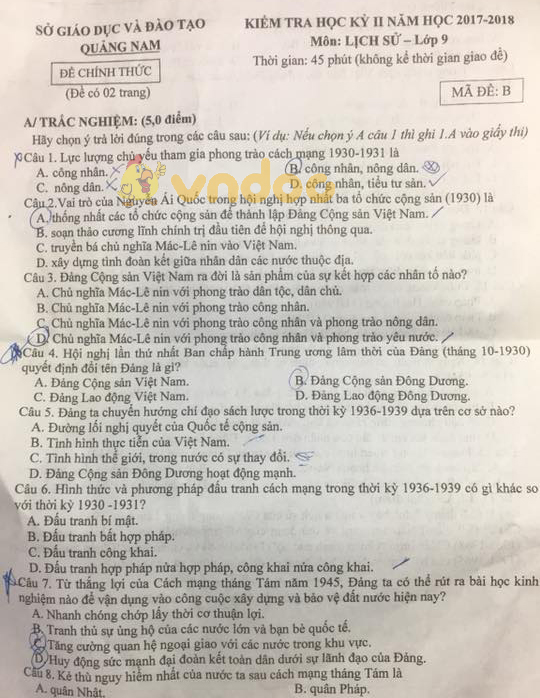 Đề kiểm tra học kì 2 lớp 9 môn Lịch sử Sở GD&ĐT Quảng Nam năm học 2017 - 2018