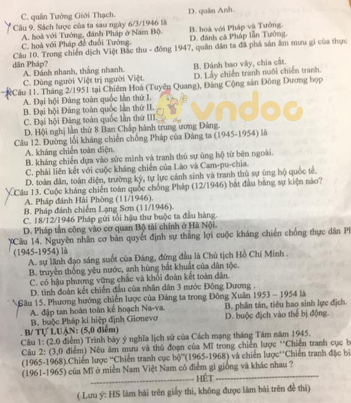 Đề kiểm tra học kì 2 lớp 9 môn Lịch sử Sở GD&ĐT Quảng Nam năm học 2017 - 2018