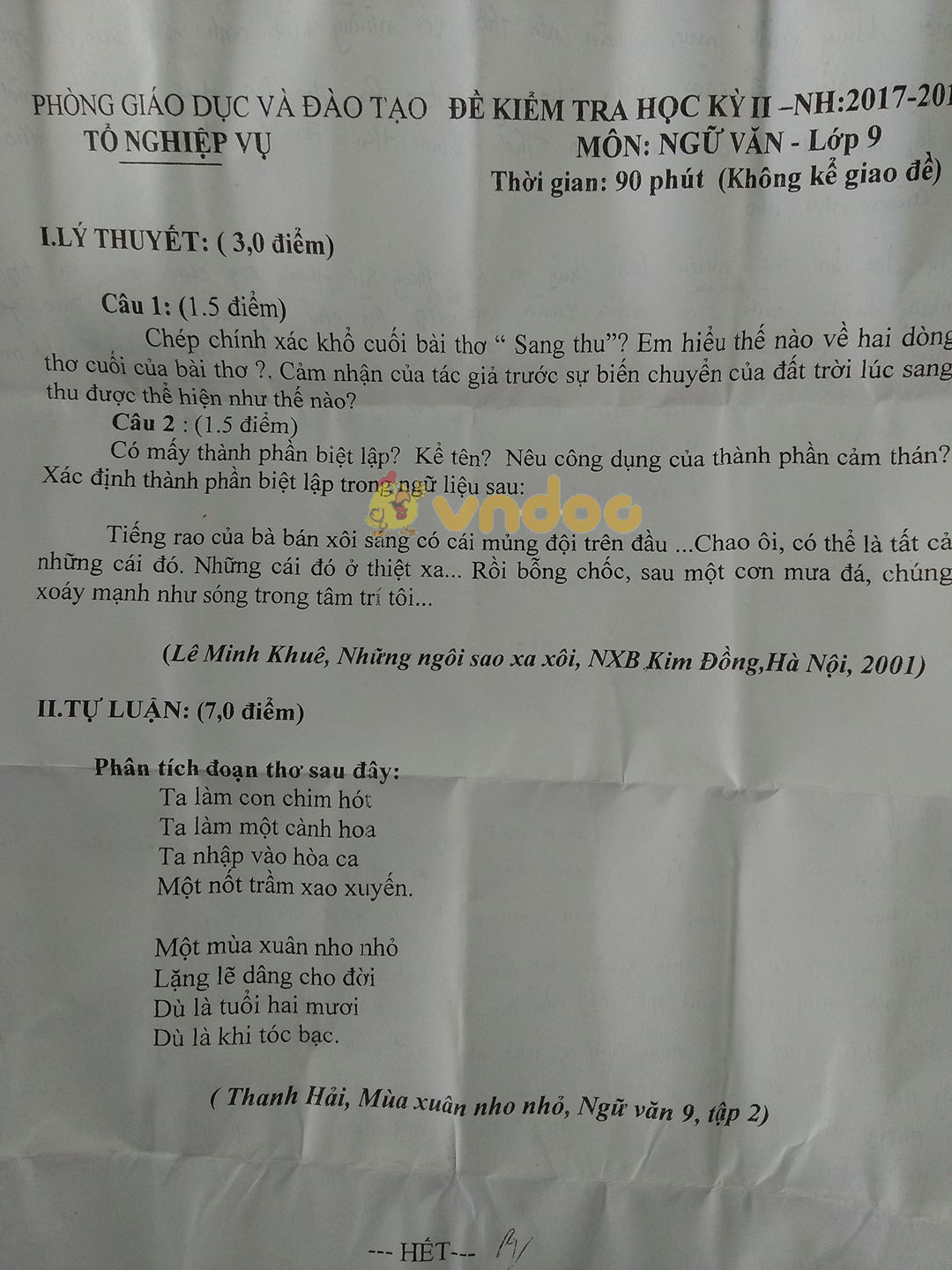 Đề kiểm tra học kì 2 lớp 9 môn Ngữ văn Phòng GD&ĐT Tổ Nghiệp Vụ năm học 2017 - 2018