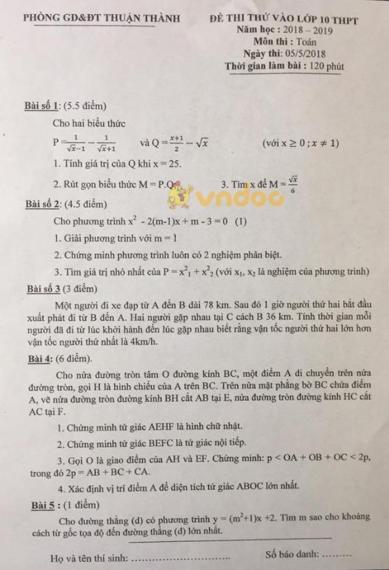 Đề thi thử vào lớp 10 môn Toán Phòng GD&ĐT Thuận Thành năm học 2018 - 2019
