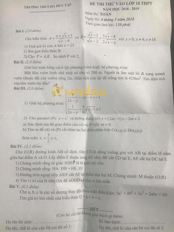 Đề thi thử vào lớp 10 môn Toán trường THCS Hà Huy Tập năm học 2018 - 2019