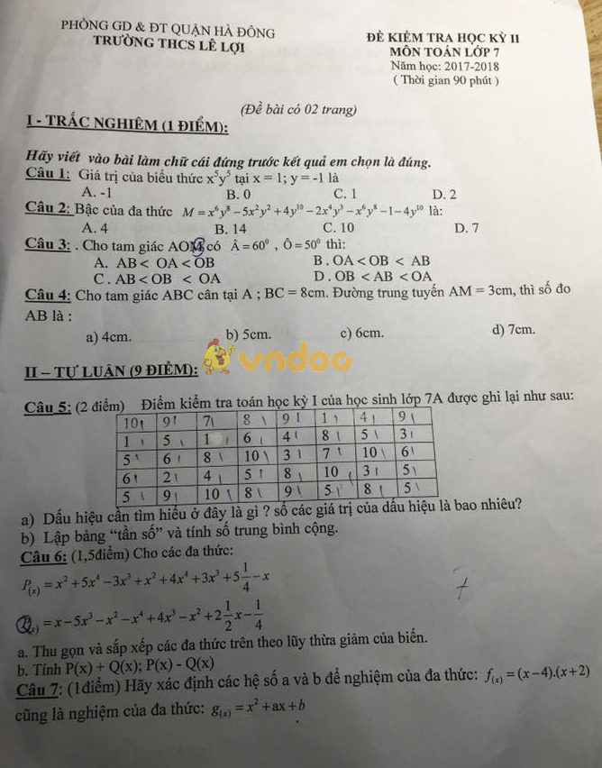 Đề kiểm tra học kì 2 lớp 7 môn Toán trường THCS Lê Lợi, Hà Đông năm học 2017 - 2018
