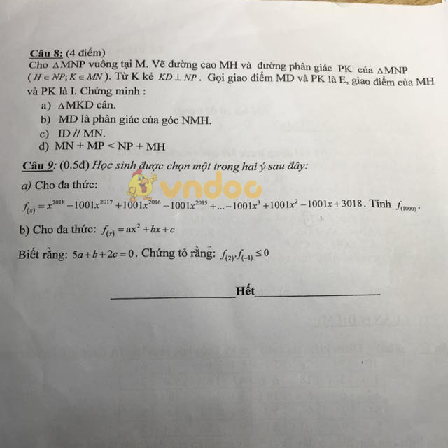 Đề kiểm tra học kì 2 lớp 7 môn Toán trường THCS Lê Lợi, Hà Đông năm học 2017 - 2018