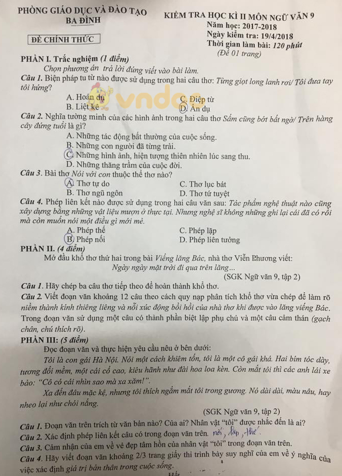 Đề thi học kì 2 lớp 9 môn Ngữ văn Phòng GD&ĐT Ba Đình năm học 2017 - 2018
