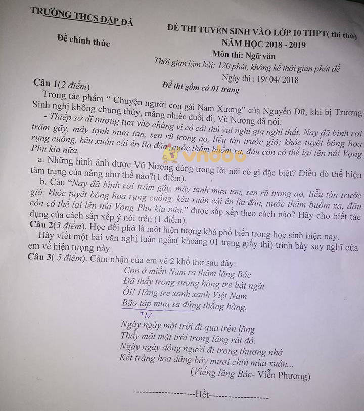 Đề thi thử vào lớp 10 môn Ngữ văn trường THCS Đập Đá năm học 2017 - 2018