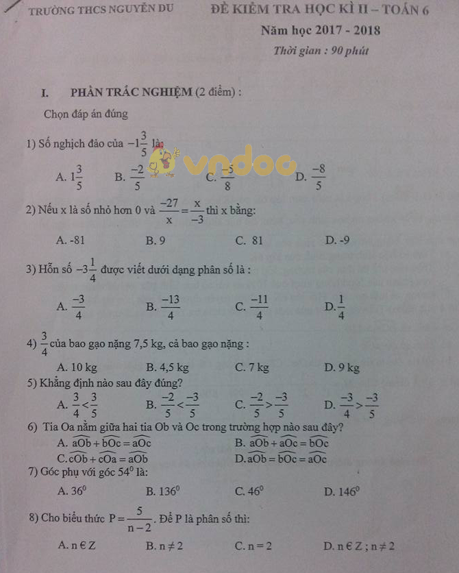 Đề kiểm tra học kì 2 lớp 6 môn Toán trường THCS Nguyễn Du năm học 2017 - 2018