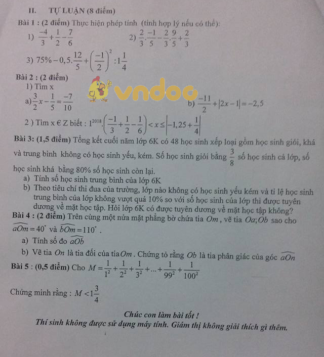 Đề kiểm tra học kì 2 lớp 6 môn Toán trường THCS Nguyễn Du năm học 2017 - 2018