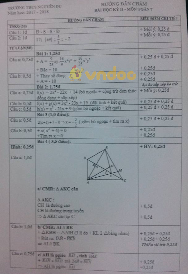 Đề kiểm tra học kì 2 lớp 7 môn Toán trường THCS Nguyễn Du năm học 2017 - 2018